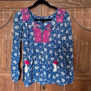 J Crew SZ block print tassel top - blue & pink
